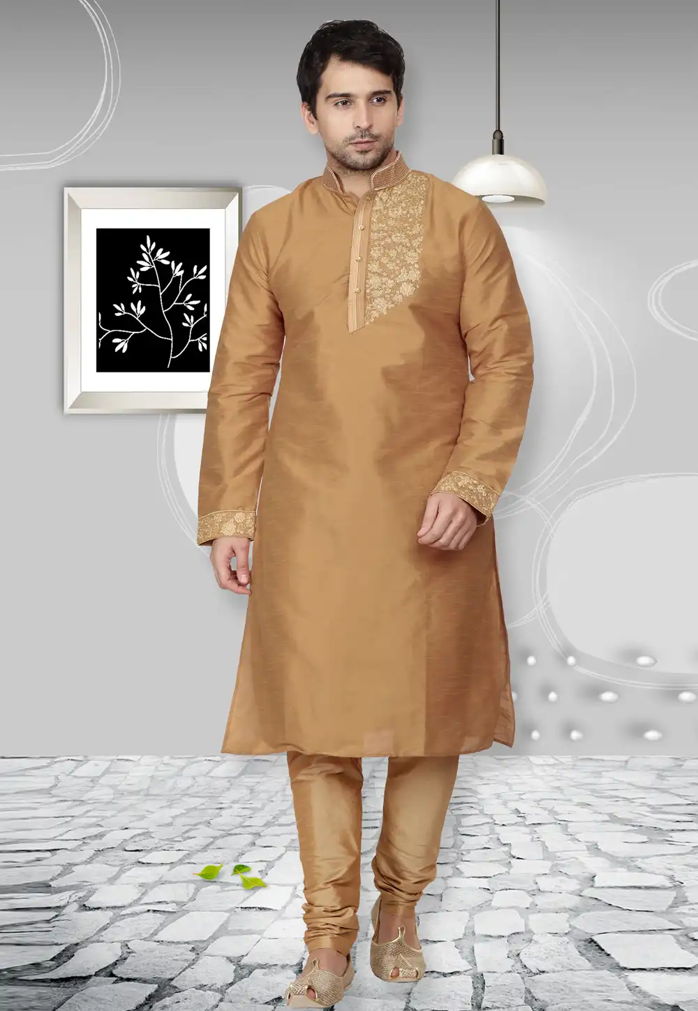 Golden Dupion Silk Readymade Kurta Pajama 204965
