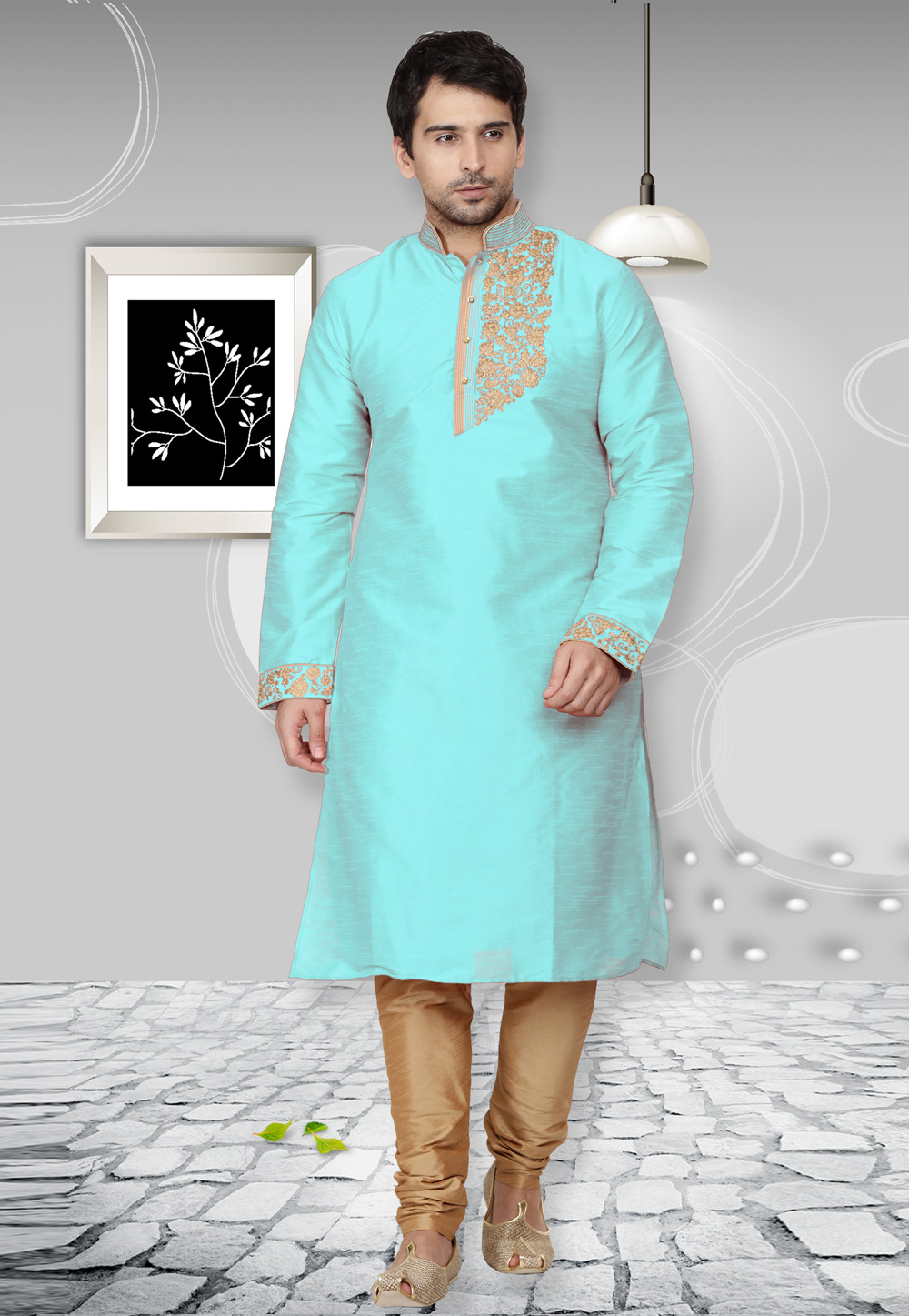 Aqua Dupion Silk Readymade Kurta Pajama 204966