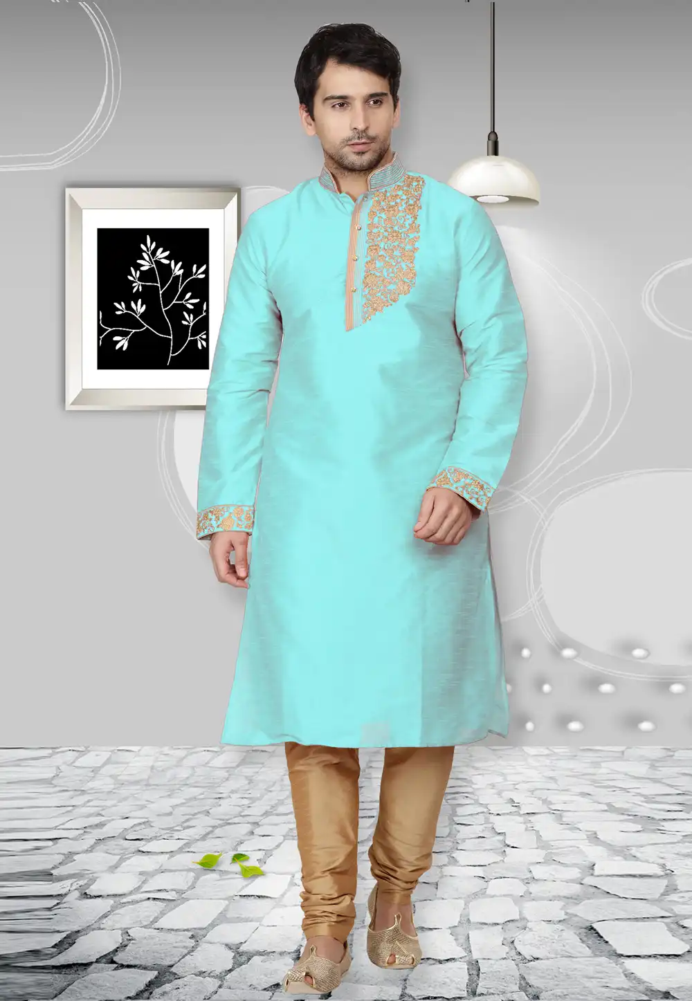 Aqua Dupion Silk Readymade Kurta Pajama 204966