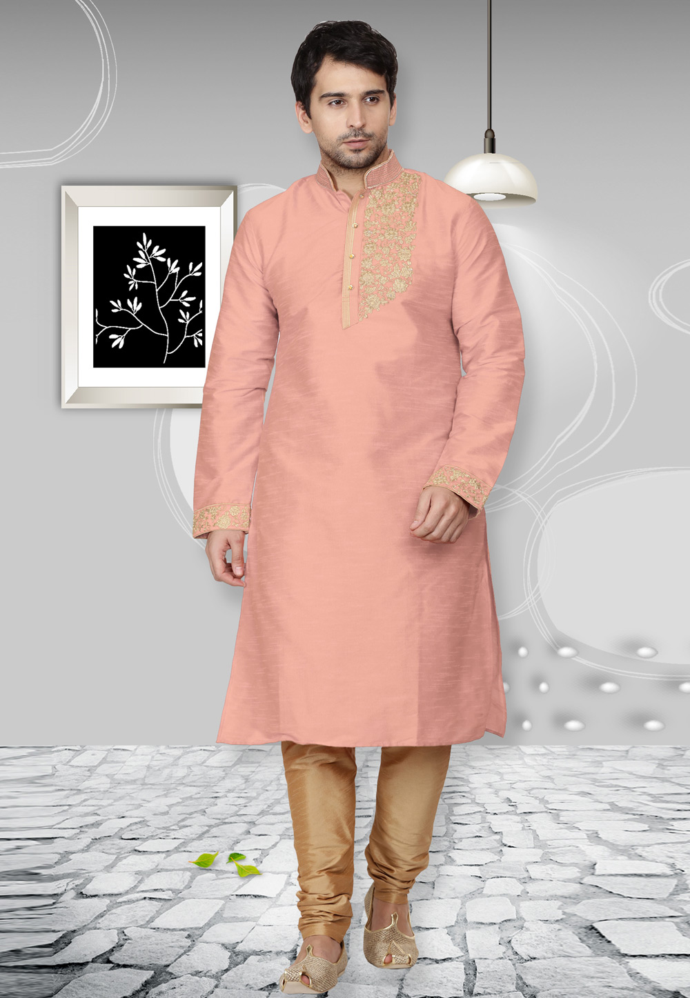Peach Dupion Silk Readymade Kurta Pajama 204967