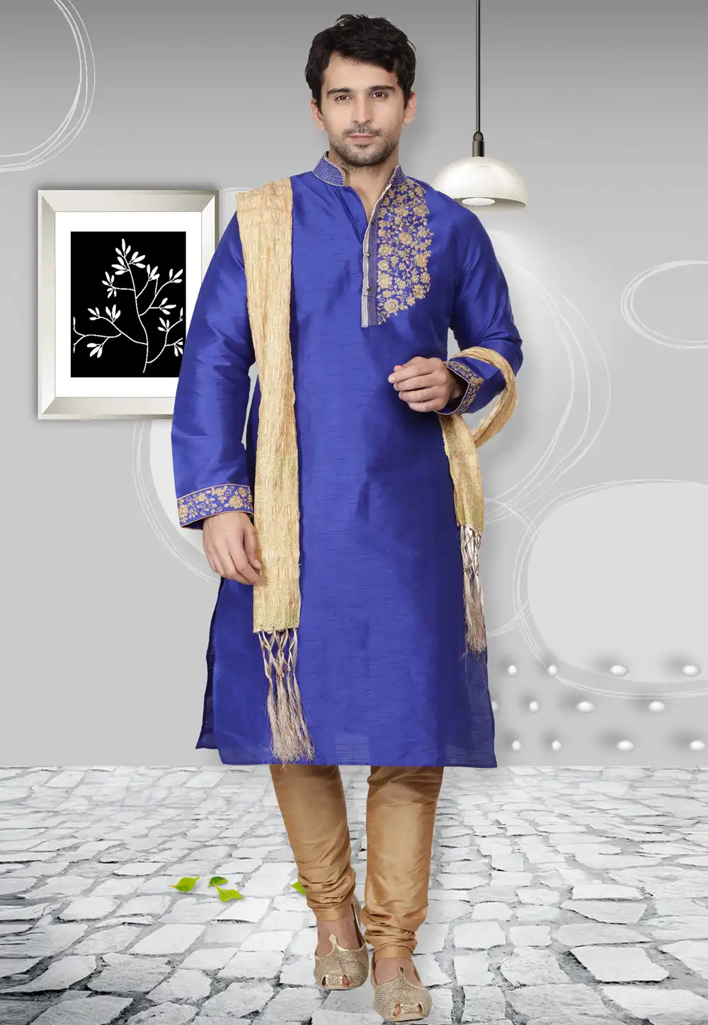 Blue Dupion Silk Readymade Kurta Pajama 167124