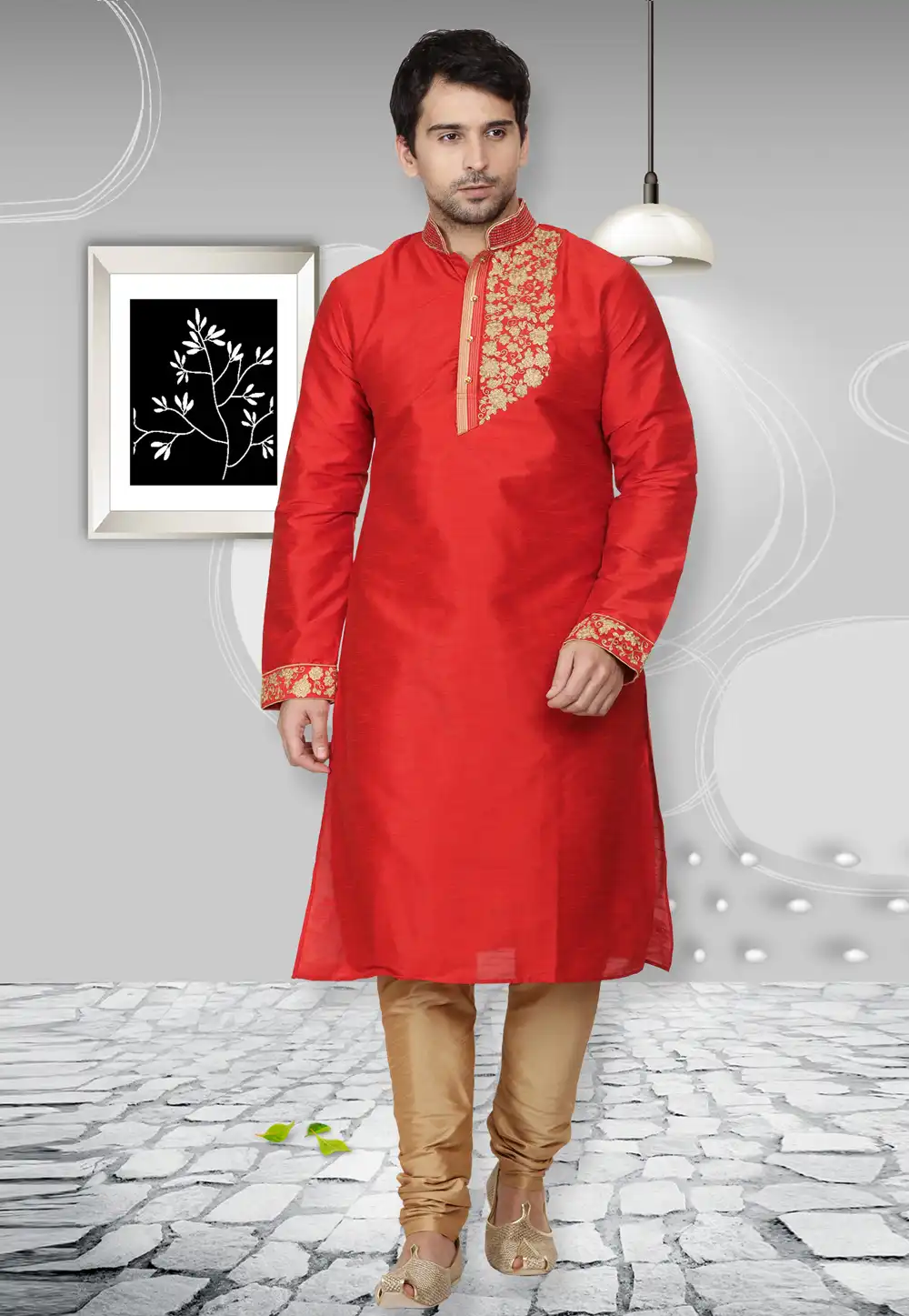 Red Dupion Silk Readymade Kurta Pajama 204970
