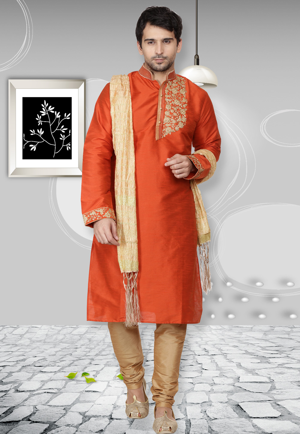 Orange Dupion Silk Readymade Kurta Pajama 167125