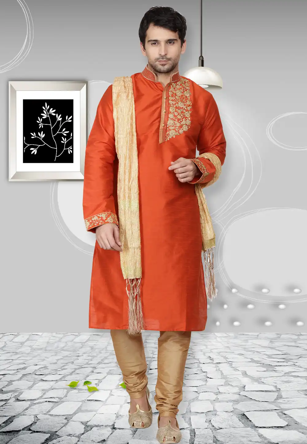Orange Dupion Silk Readymade Kurta Pajama 167125