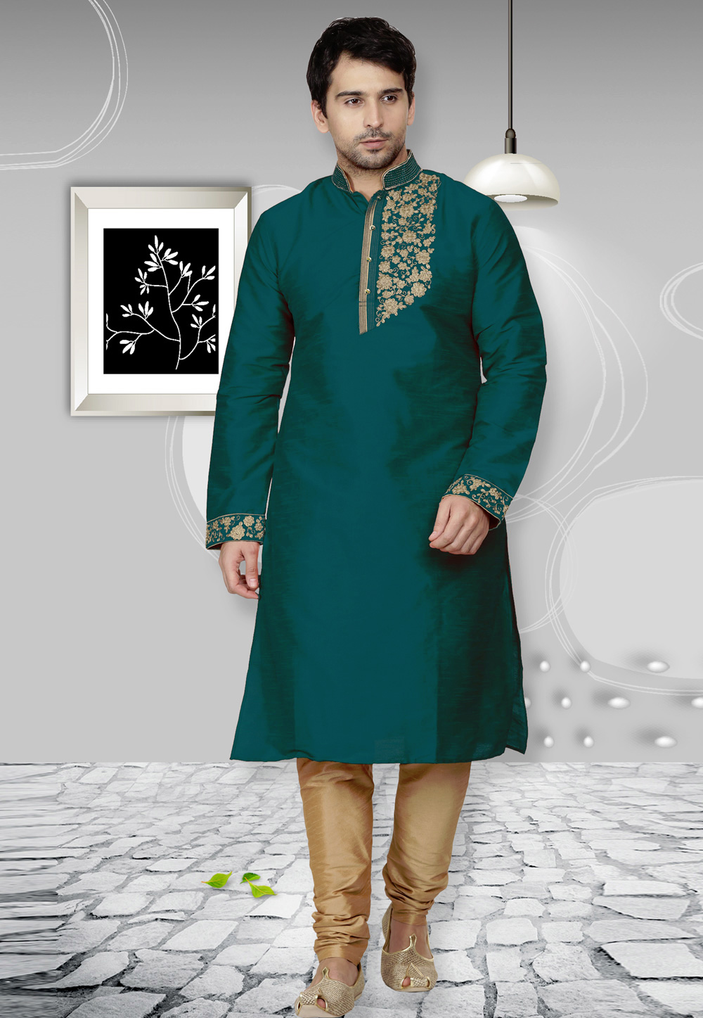 Green Dupion Silk Readymade Kurta Pajama 204972