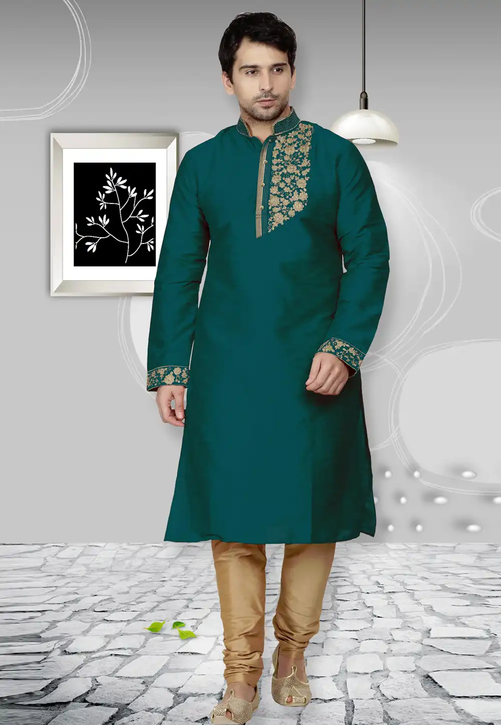 Green Dupion Silk Readymade Kurta Pajama 204972
