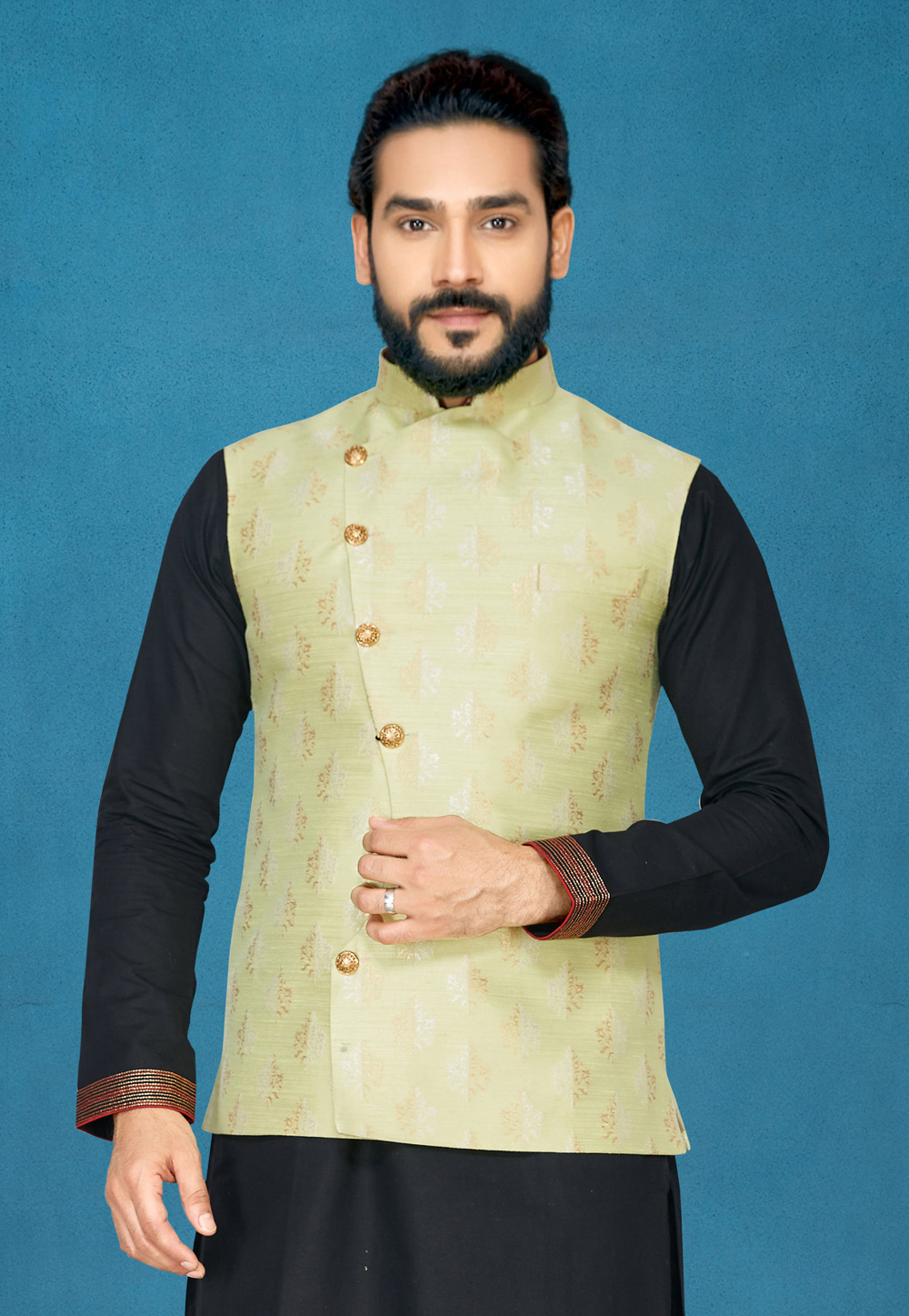 Pista Green Jacquard Readymade Nehru Jacket 186200
