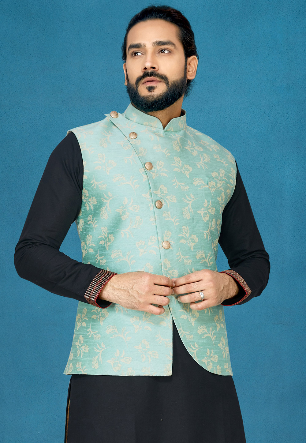 Aqua Jacquard Readymade Nehru Jacket 186201