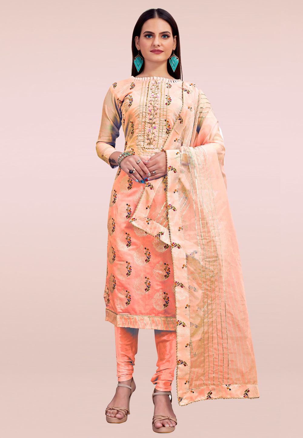 Peach Chanderi Churidar Salwar Suit 238367