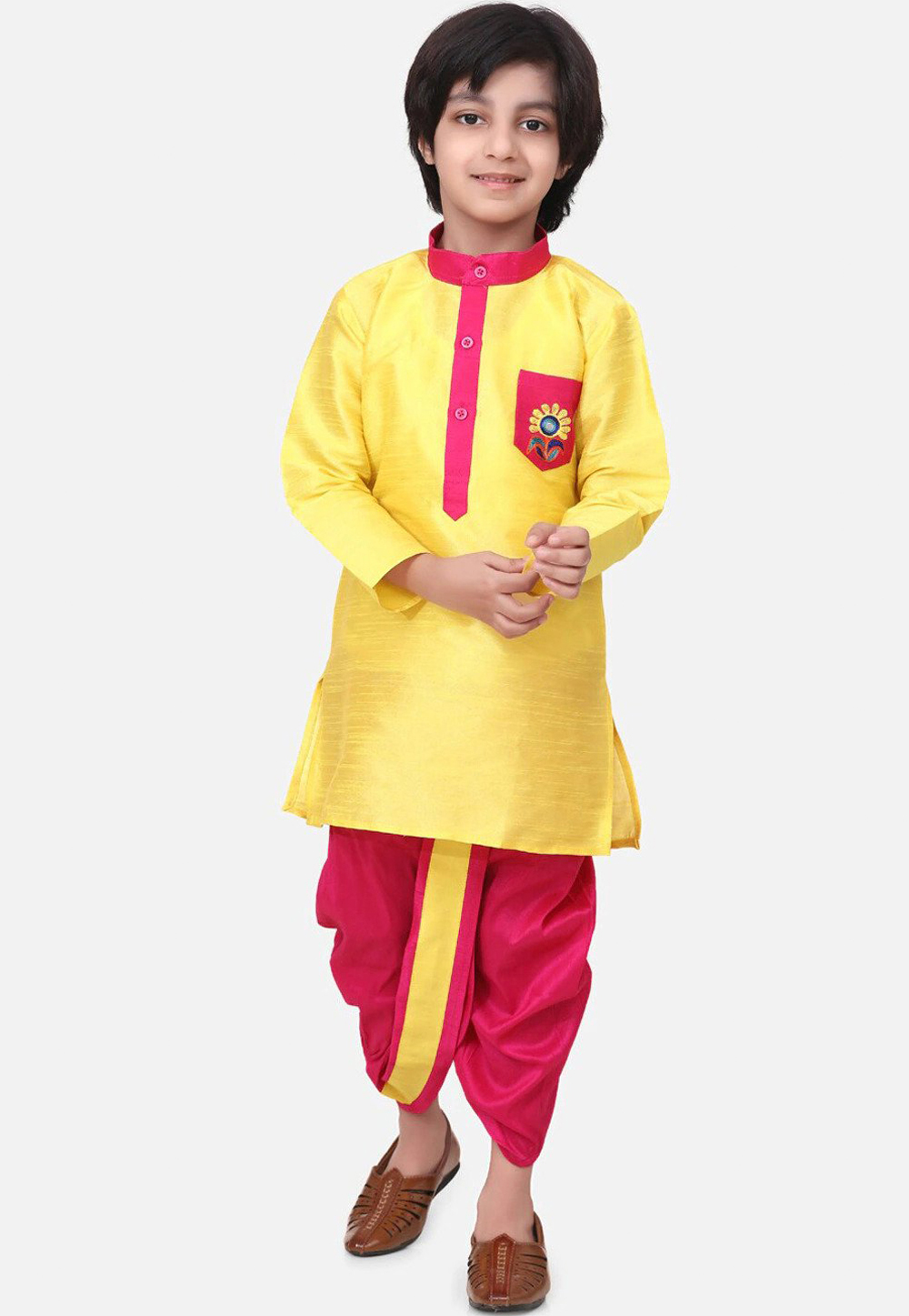 Yellow Dupion Silk Kids Dhoti Kurta 226248