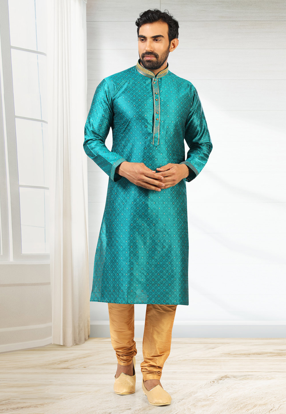 Teal Jacquard Silk Kurta Pajama 235504