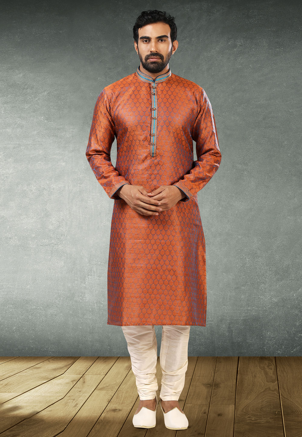 Orange Jacquard Silk Kurta Pajama 235507