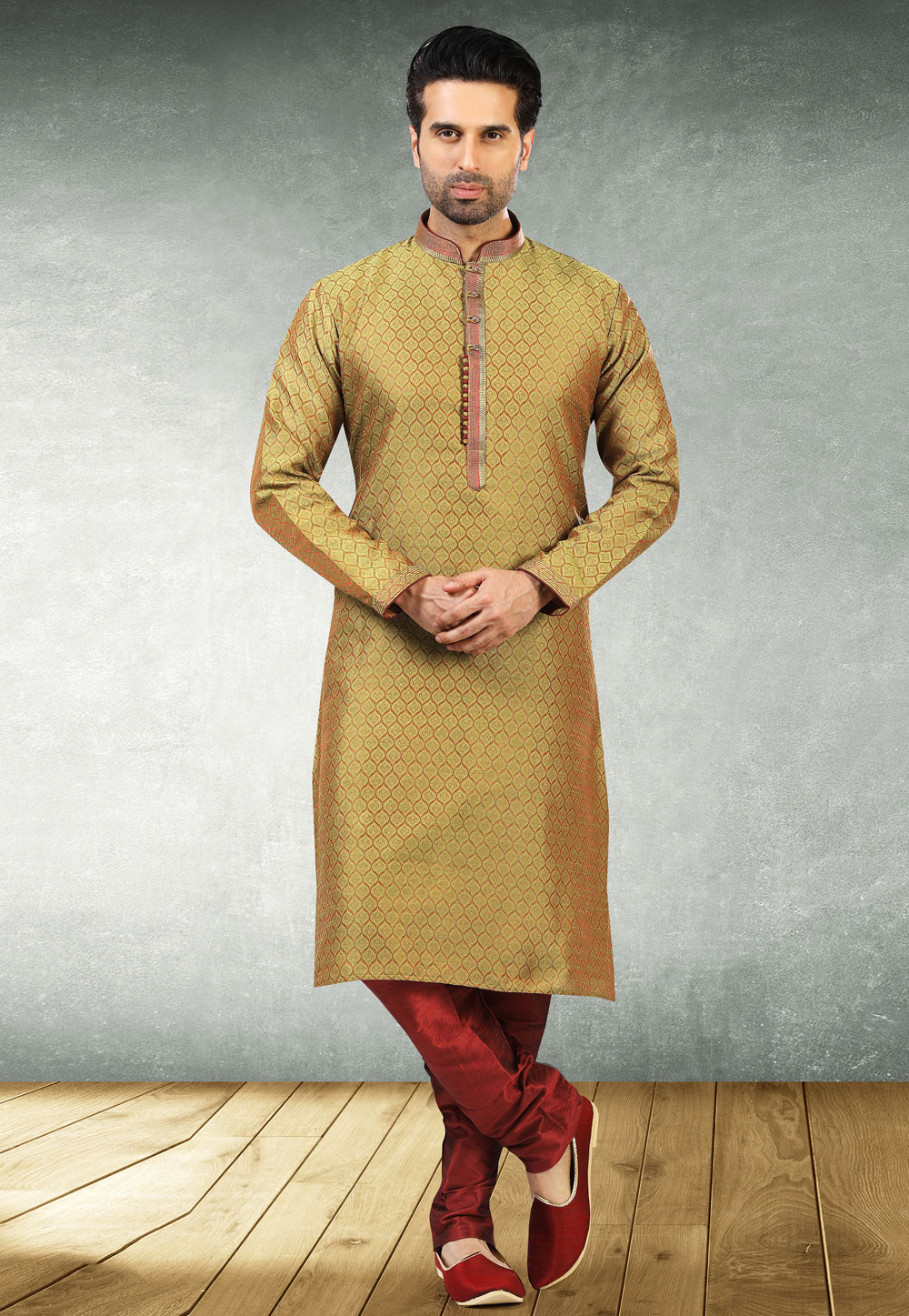 Mustard Jacquard Silk Kurta Pajama 235509