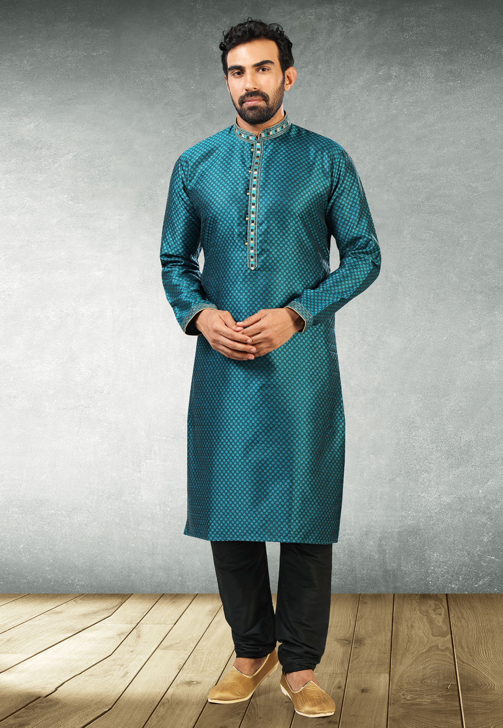 Teal Jacquard Silk Kurta Pajama 235514