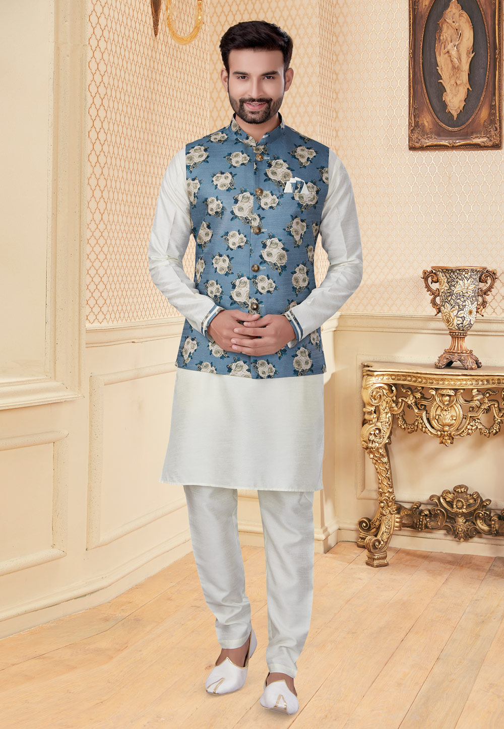Off White Silk Kurta Pajama With Jacket 251169