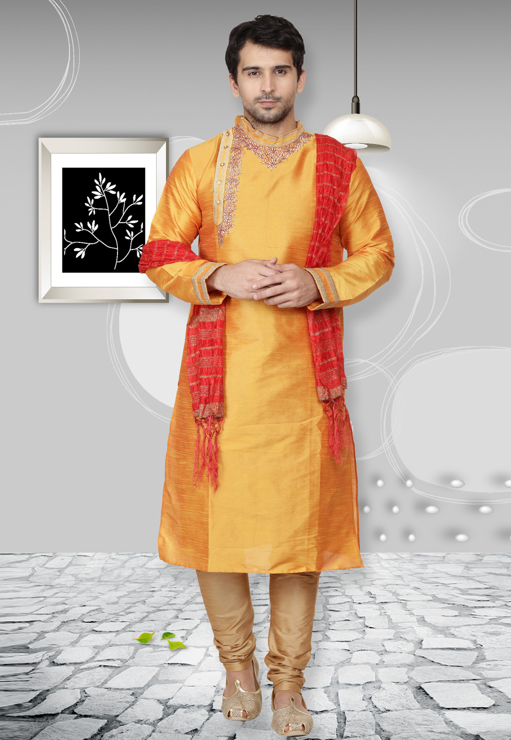 Yellow Dupion Silk Readymade Kurta Pajama 167126