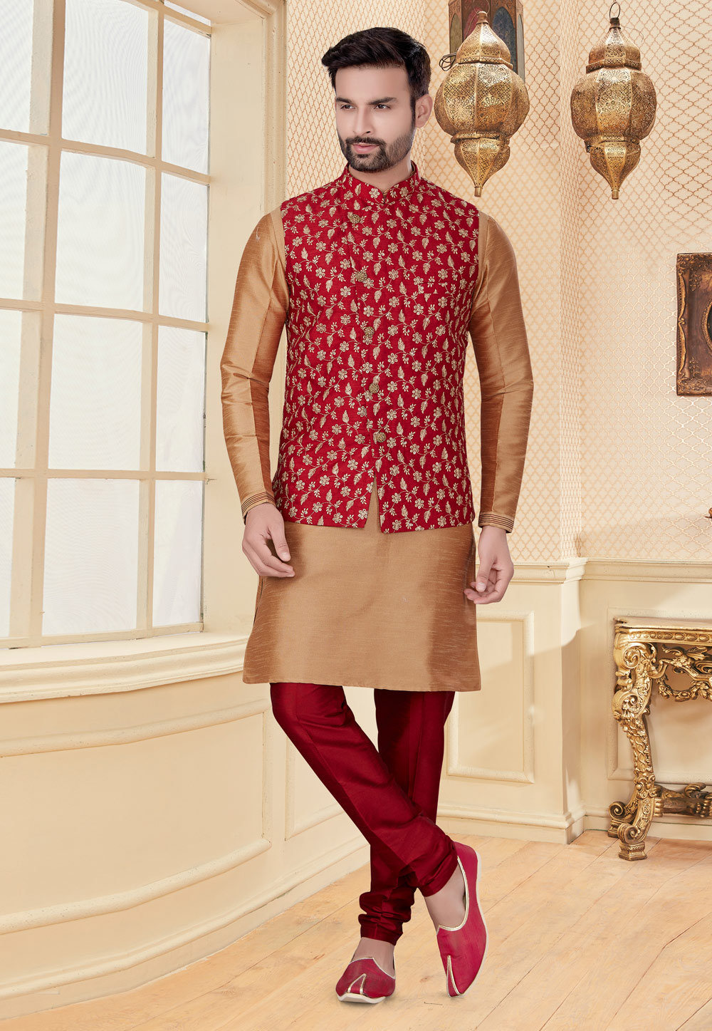 Beige Silk Kurta Pajama With Jacket 251171