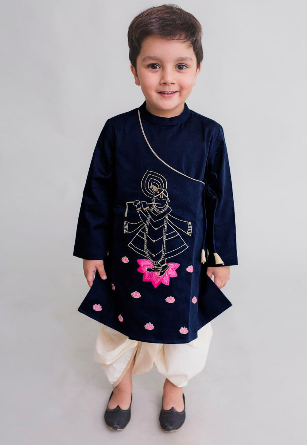 Navy Blue Dupion Silk Kids Dhoti Kurta 226255