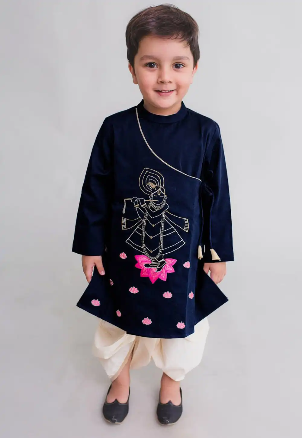 Navy Blue Dupion Silk Kids Dhoti Kurta 226255