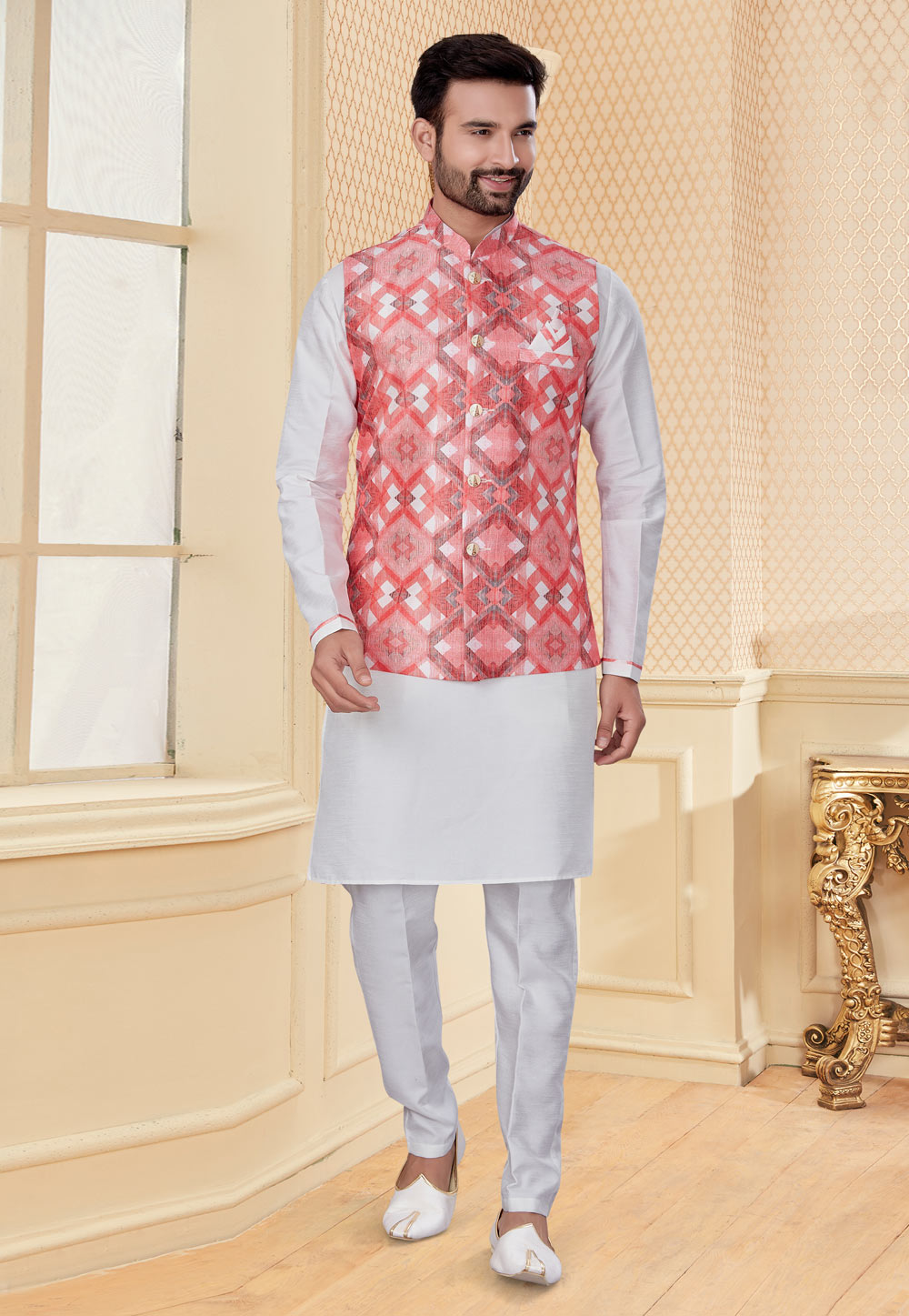White Silk Kurta Pajama With Jacket 251172