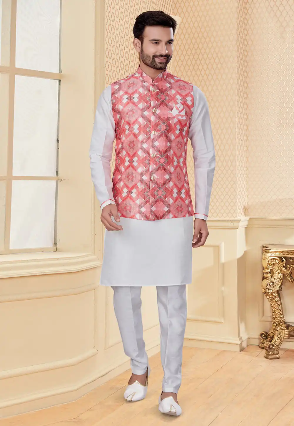 White Silk Kurta Pajama With Jacket 251172
