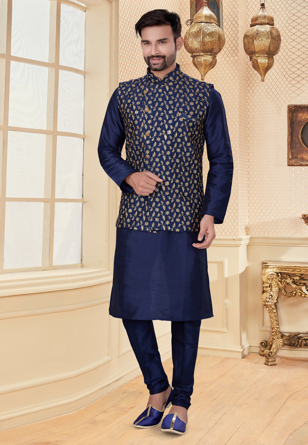 Navy Blue Silk Kurta Pajama With Jacket 251174