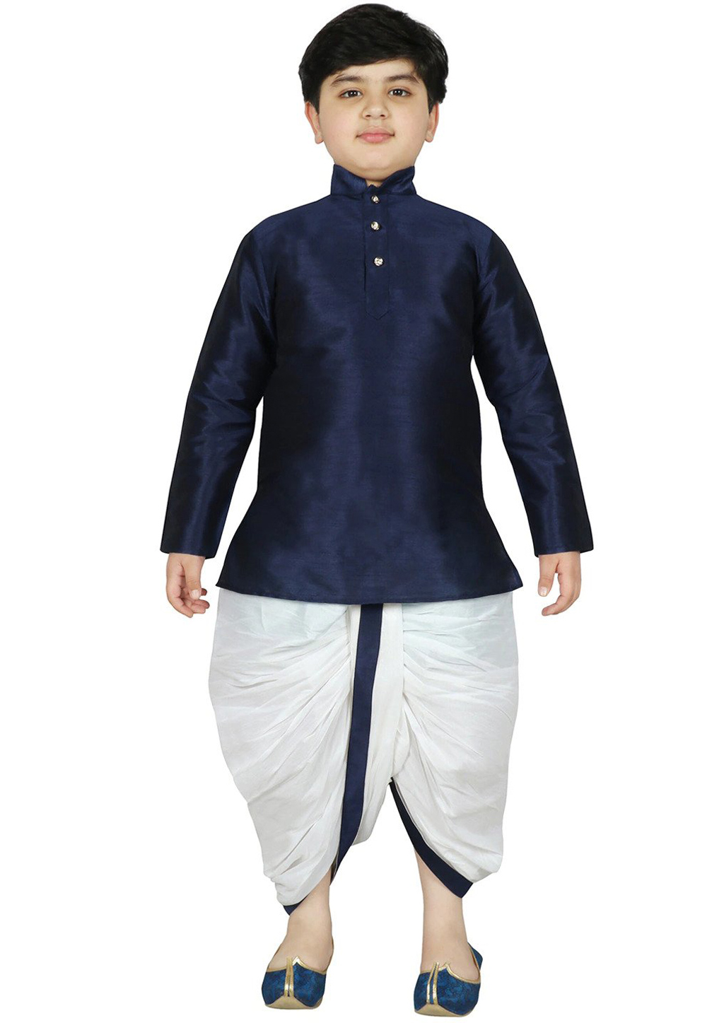 Navy Blue Dupion Silk Kids Dhoti Kurta 226260