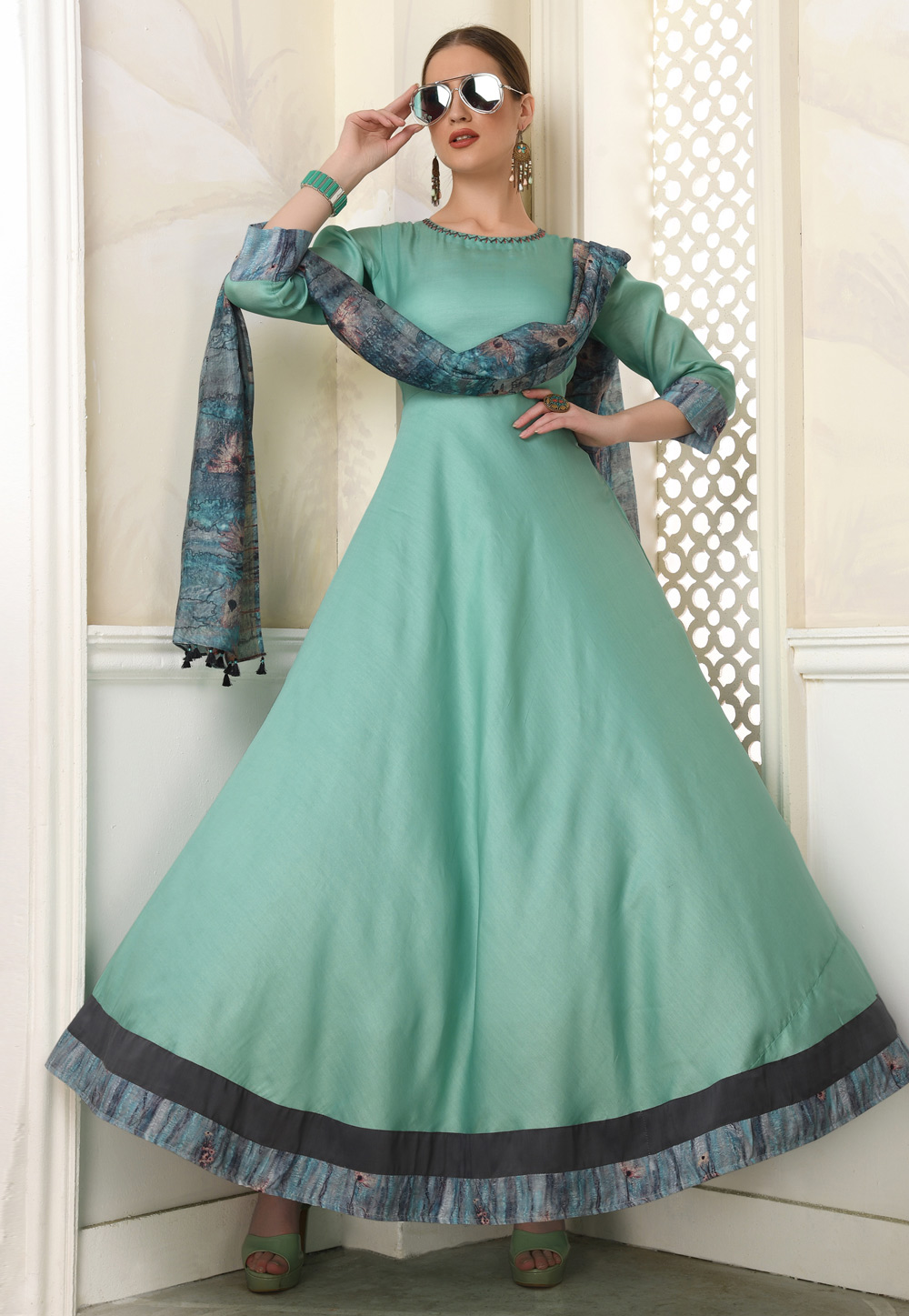 Sea Green Muslin Readymade Gown 209268
