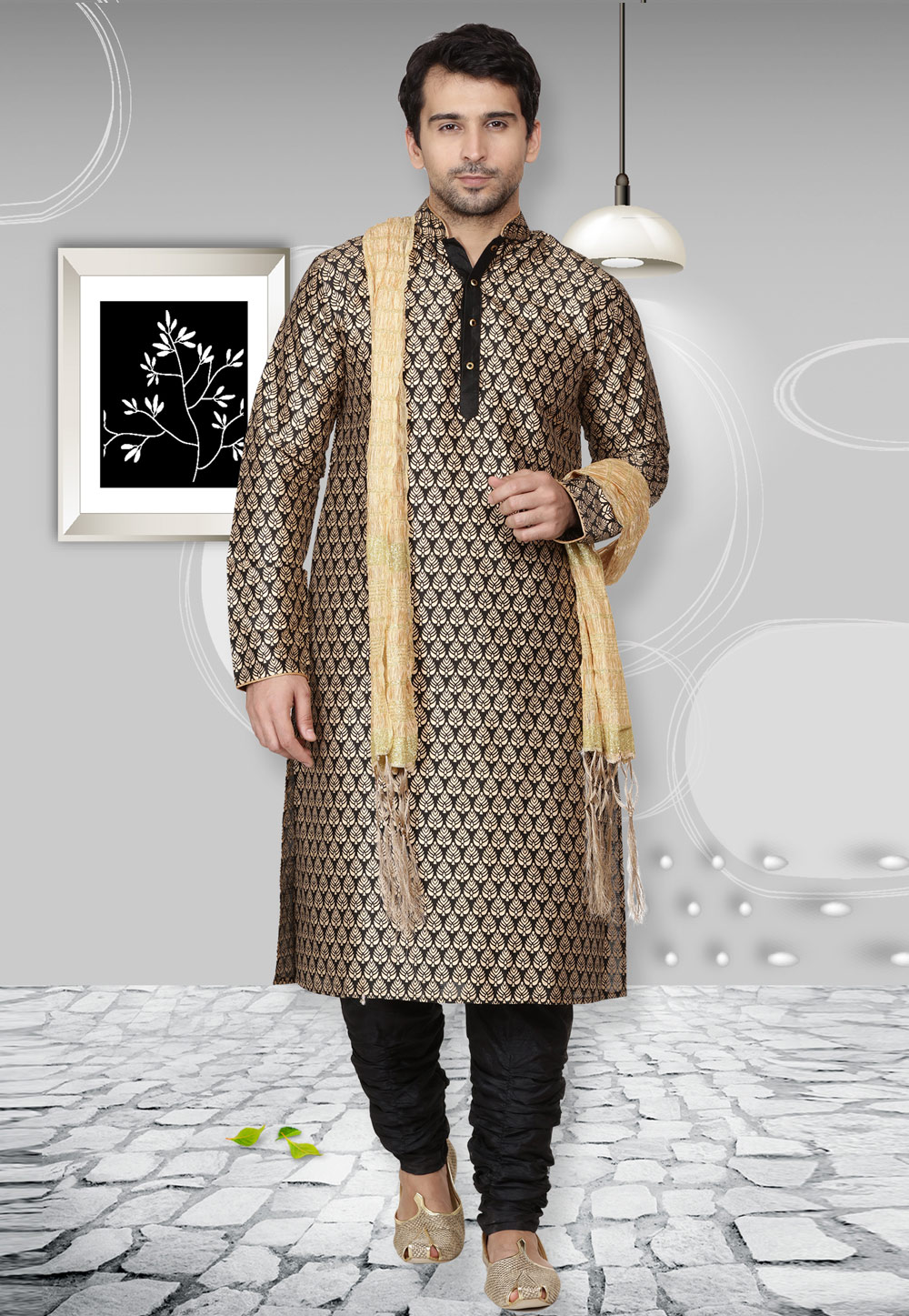 Black Dupion Silk Readymade Kurta Pajama 167127