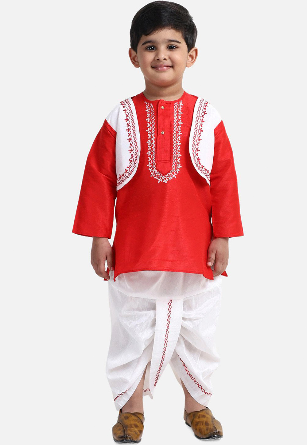 Red Dupion Silk Kids Dhoti Kurta 226262