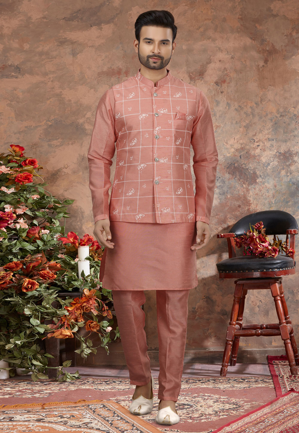 Pink Silk Kurta Pajama With Jacket 251515