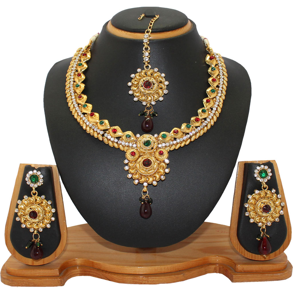 Maroon Zinc Austrian Diamonds Necklace With Earrings and Maang Tikka 64326
