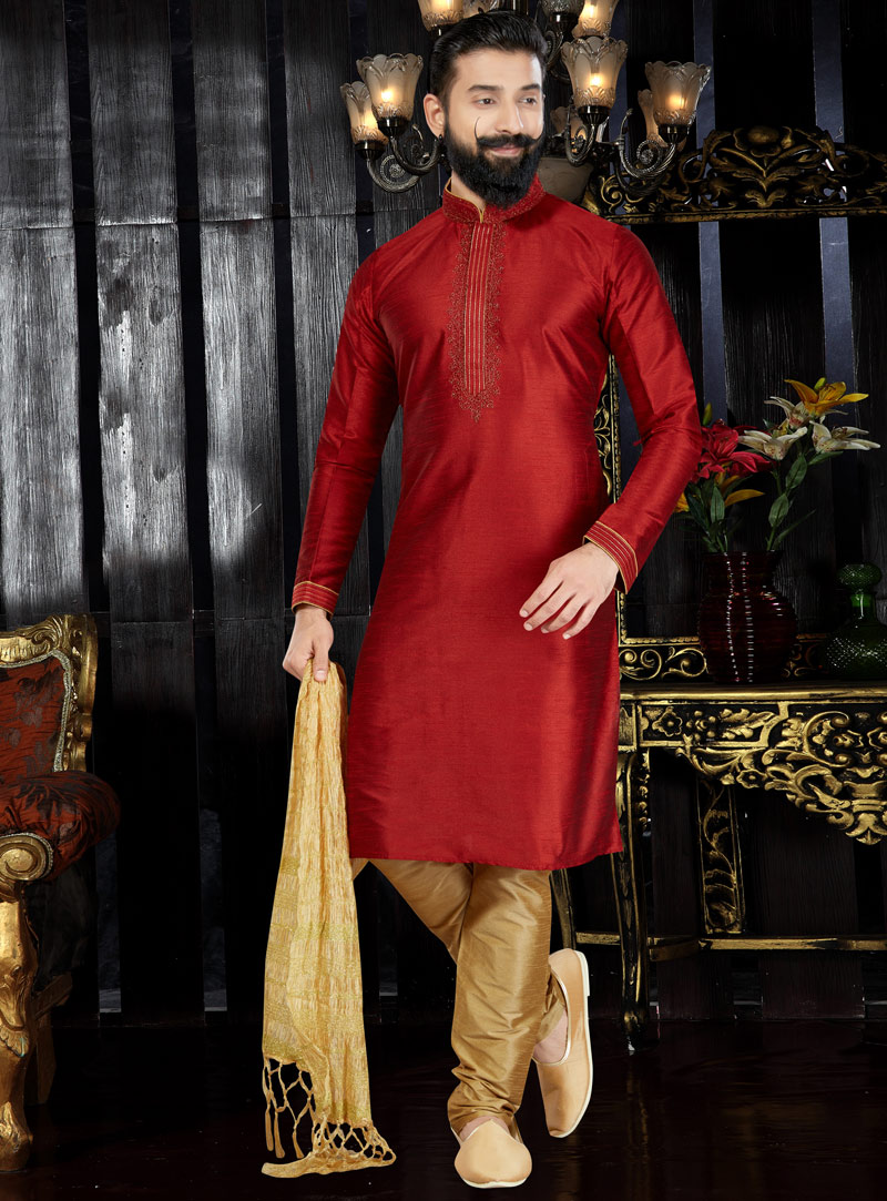 Red Dupion Readymade Kurta Pajama 97467