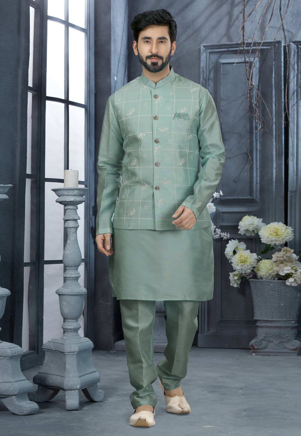 Sea Green Silk Kurta Pajama With Jacket 251517