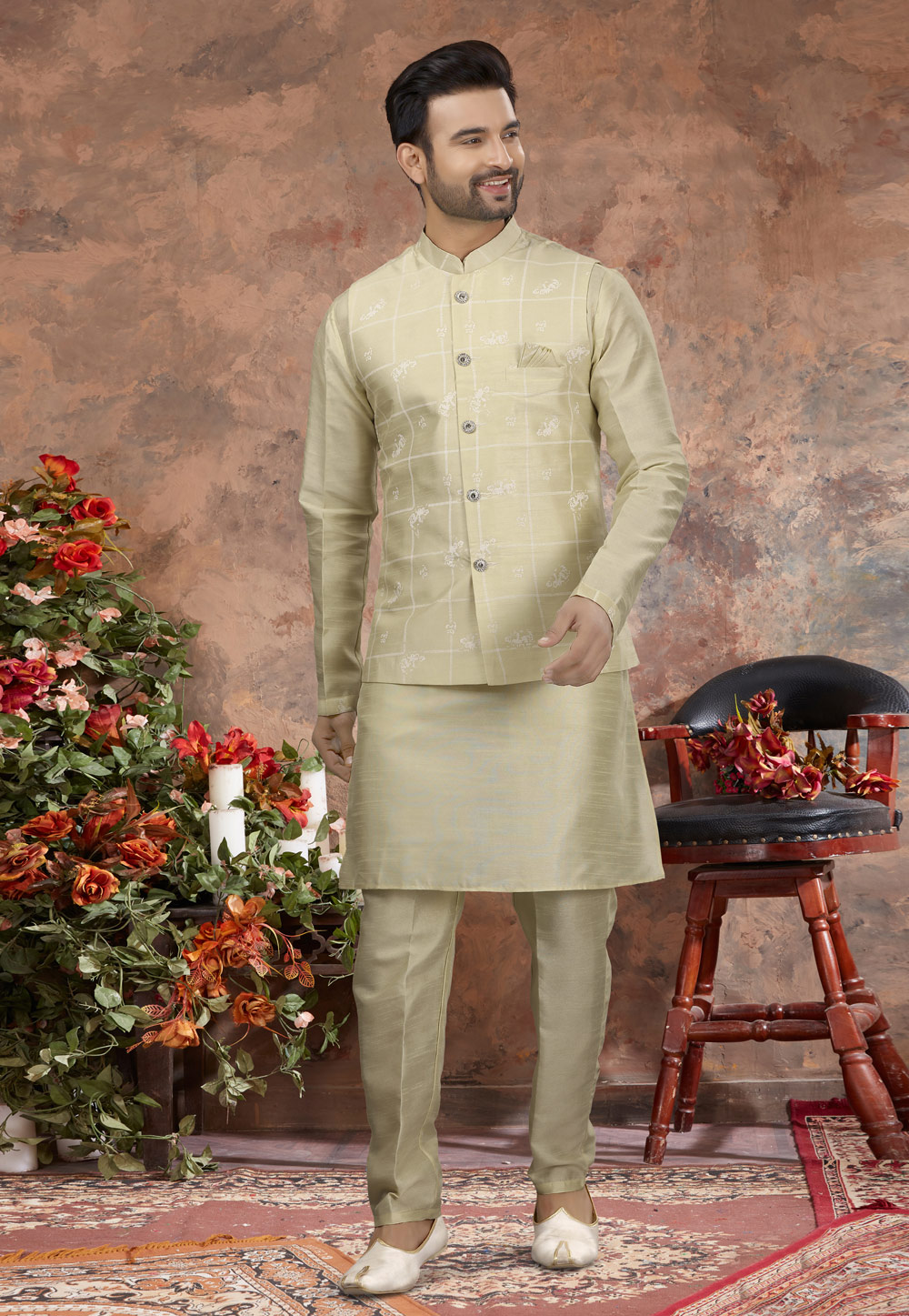 Light Yellow Silk Kurta Pajama With Jacket 251518