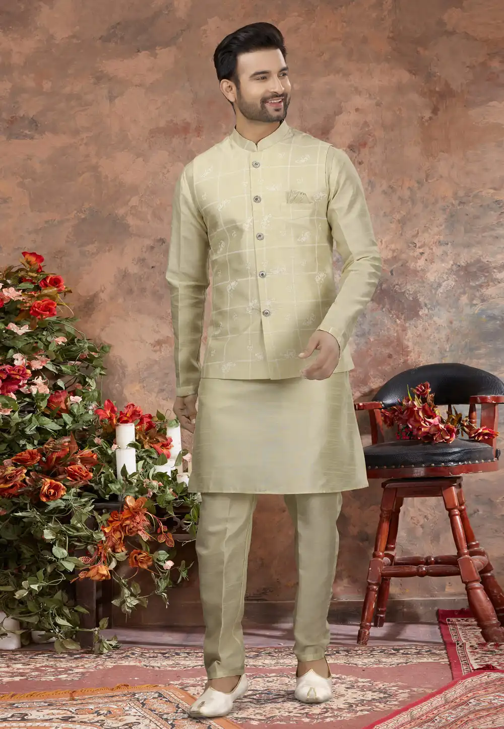 Light Yellow Silk Kurta Pajama With Jacket 251518