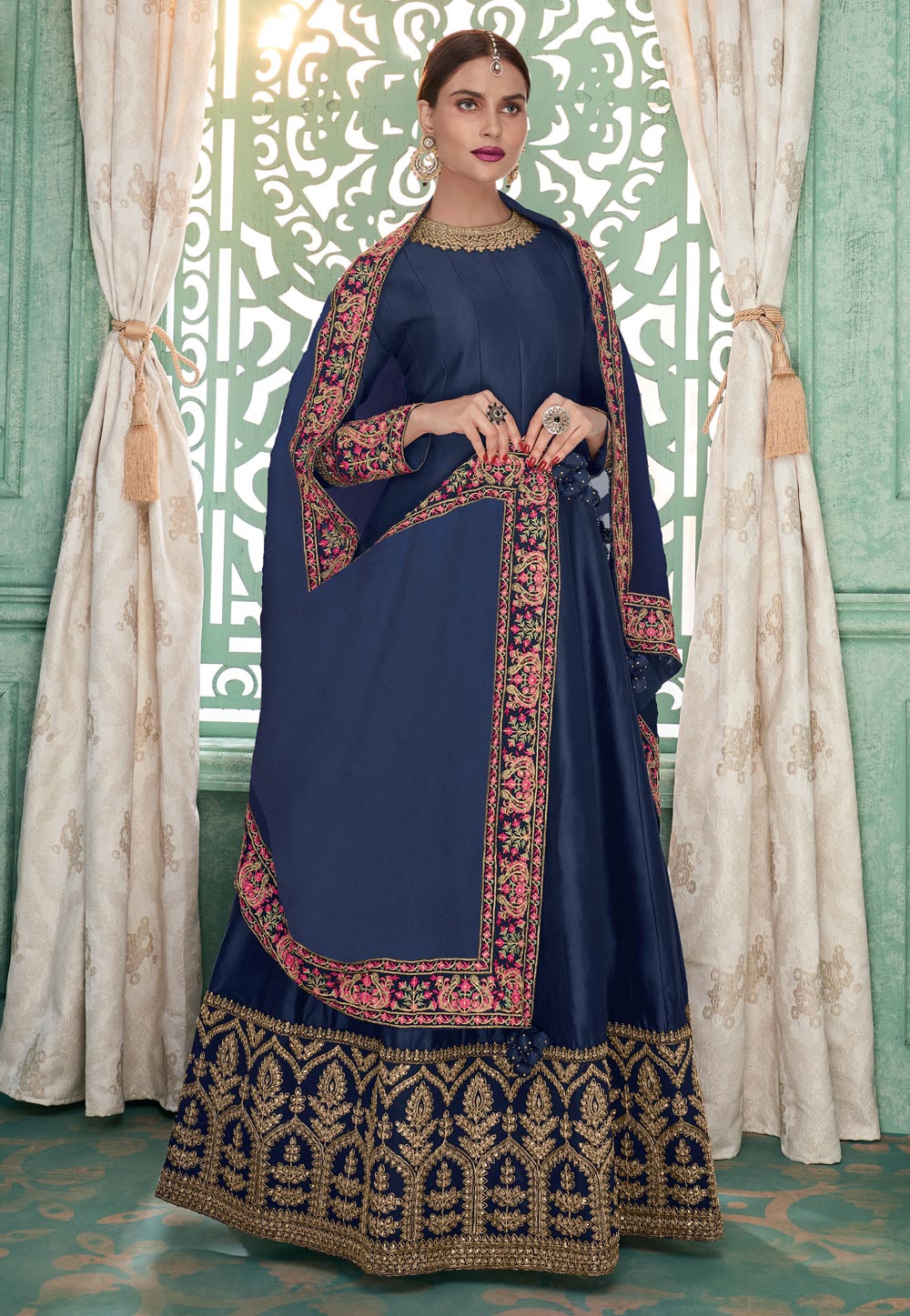 Navy Blue Silk Long Anarkali Suit 190606