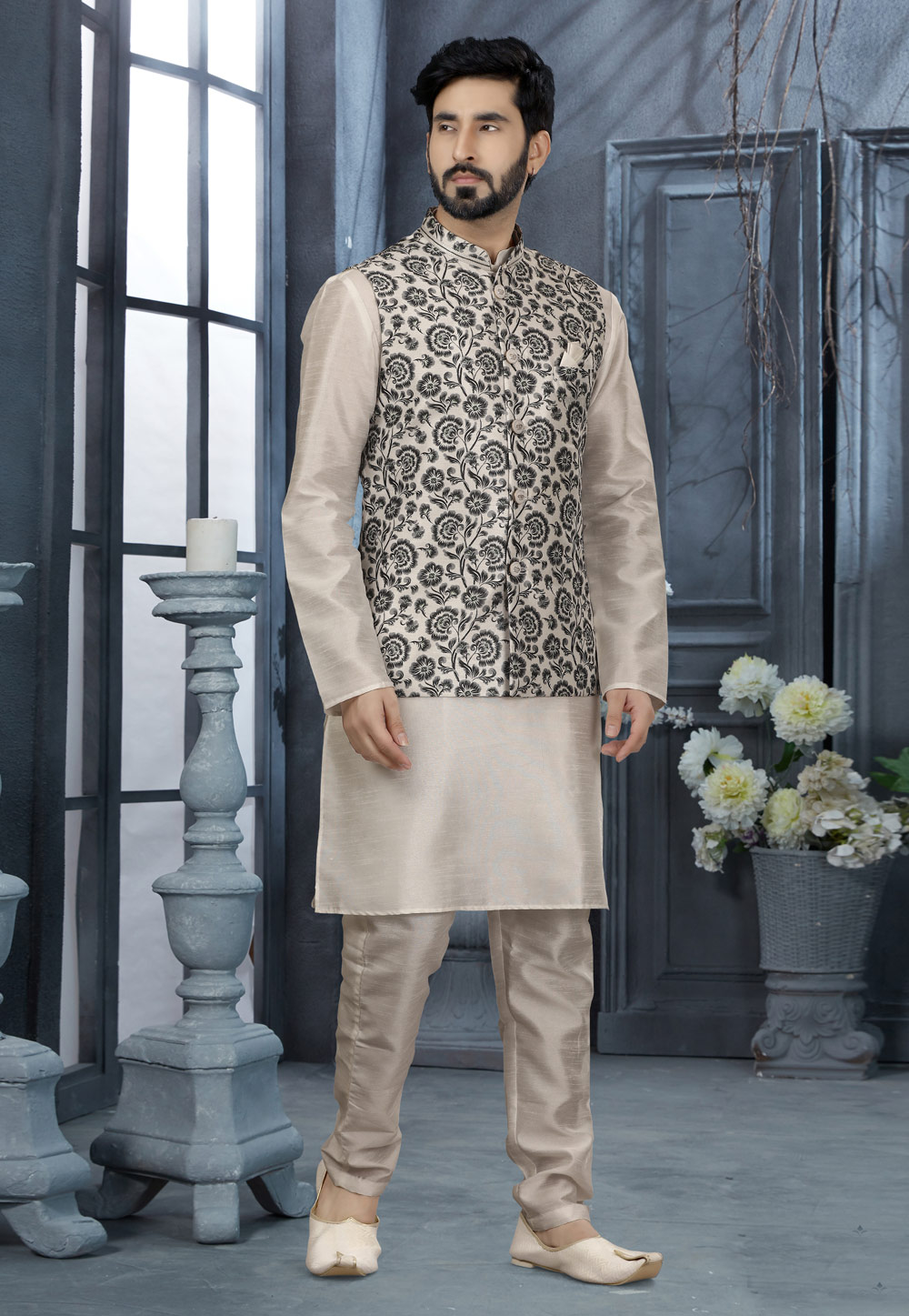 Off White Silk Kurta Pajama With Jacket 251519