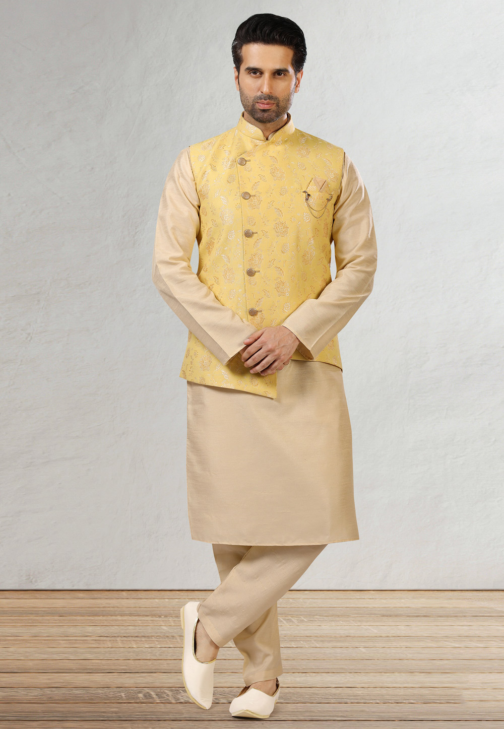 Yellow Jacquard Kurta Pajama With Jacket 236625