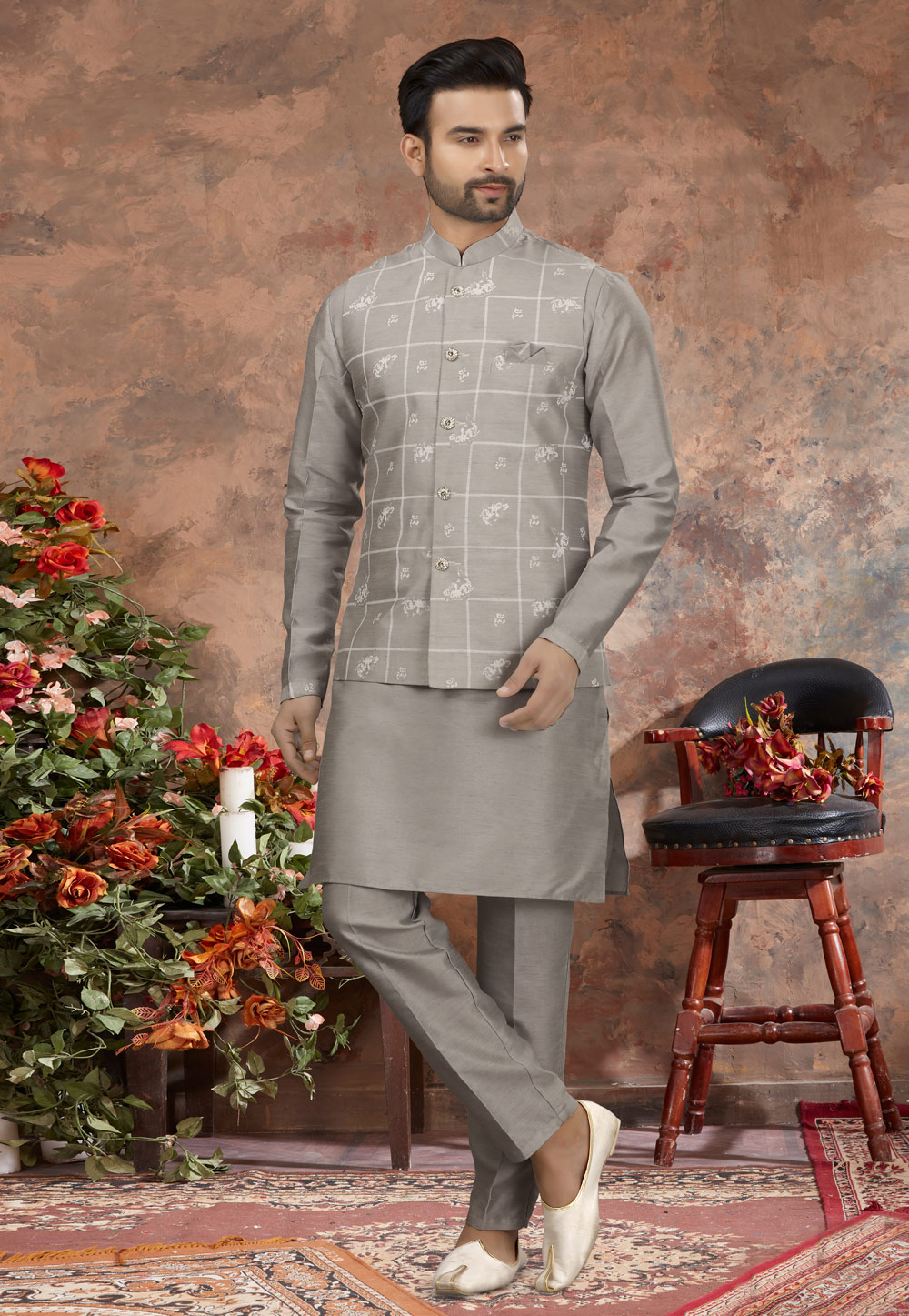 Grey Silk Kurta Pajama With Jacket 251520