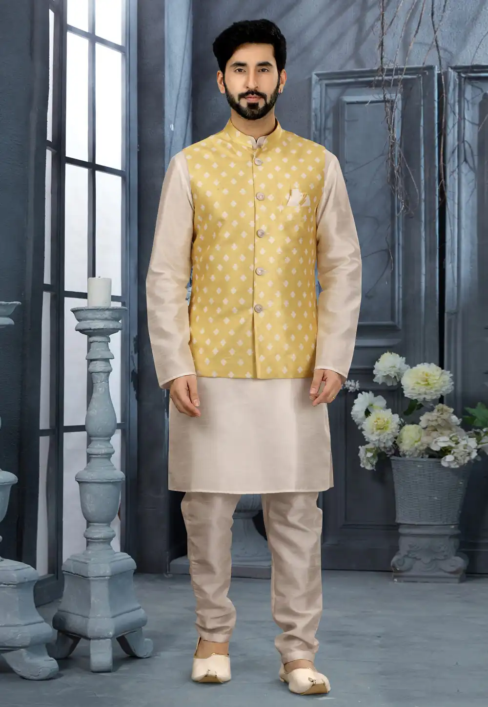 Off White Silk Kurta Pajama With Jacket 251521