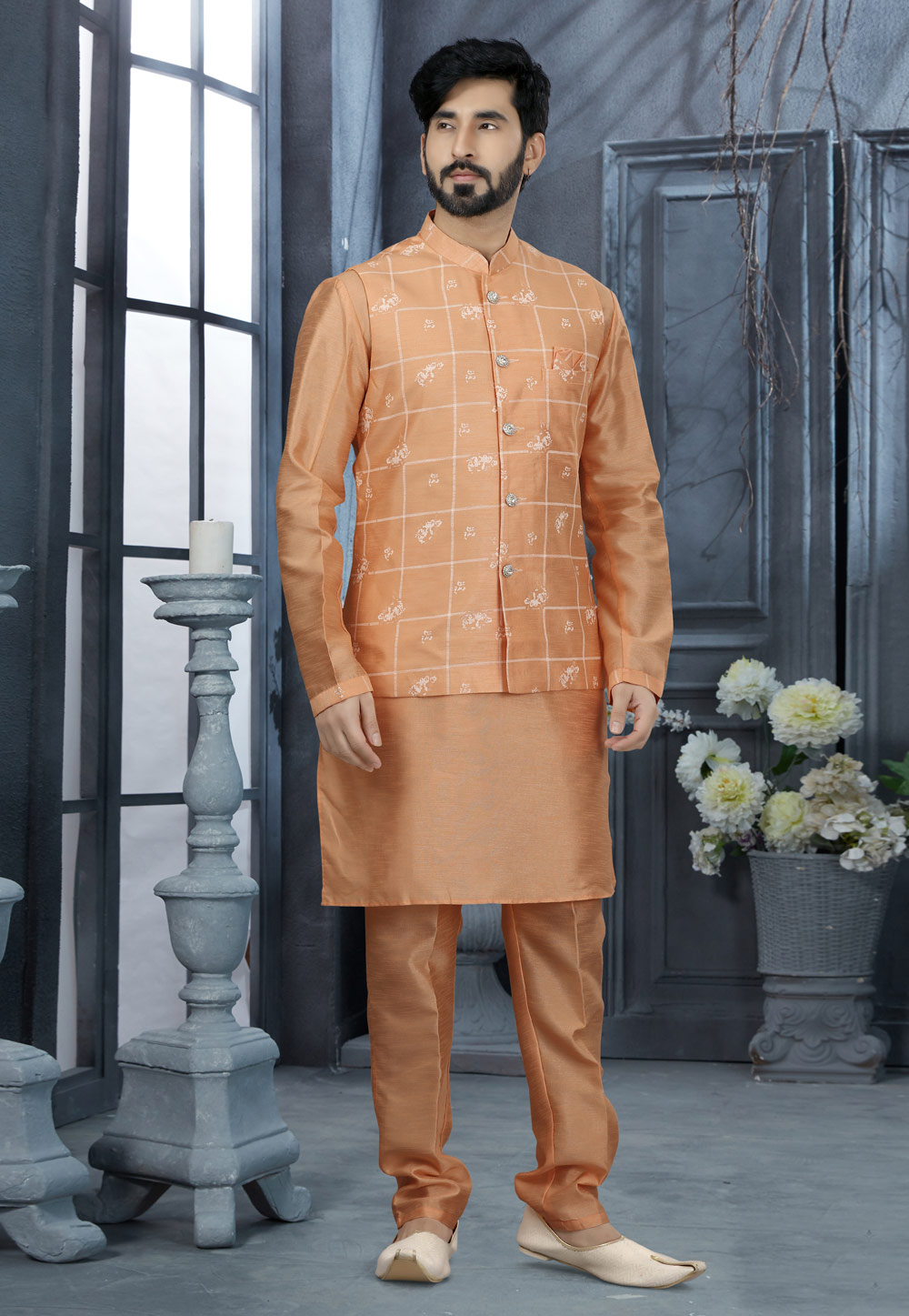 Peach Silk Kurta Pajama With Jacket 251522