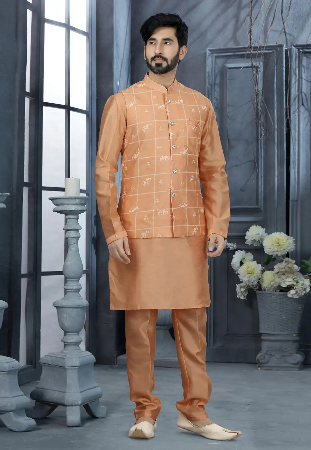 Peach Silk Kurta Pajama With Jacket 251522