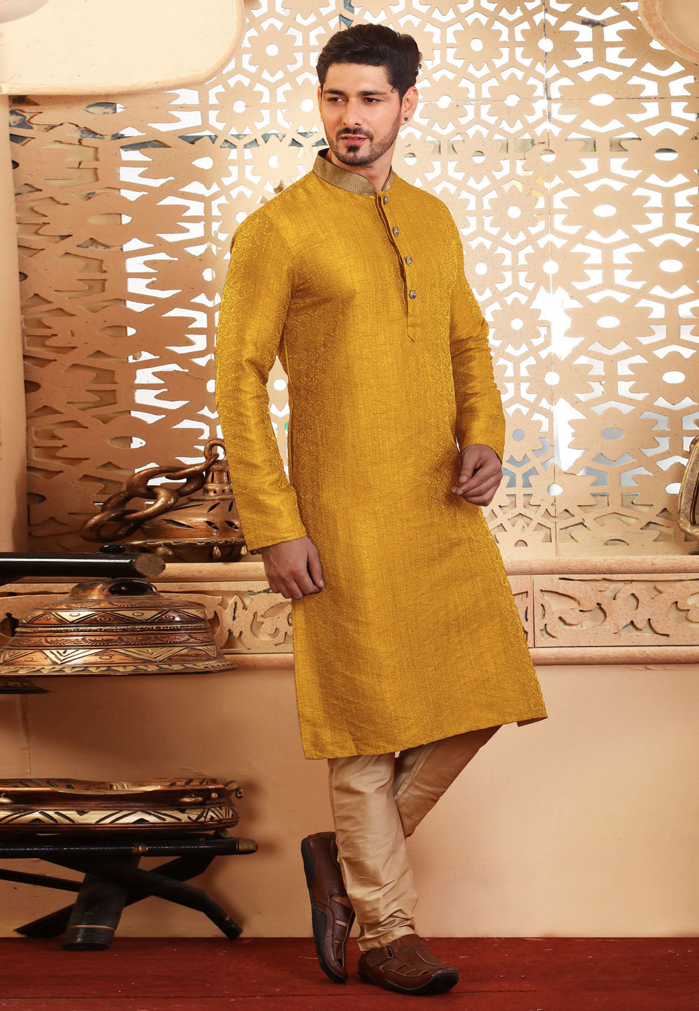 Yellow Jacquard Kurta Pajama 236758