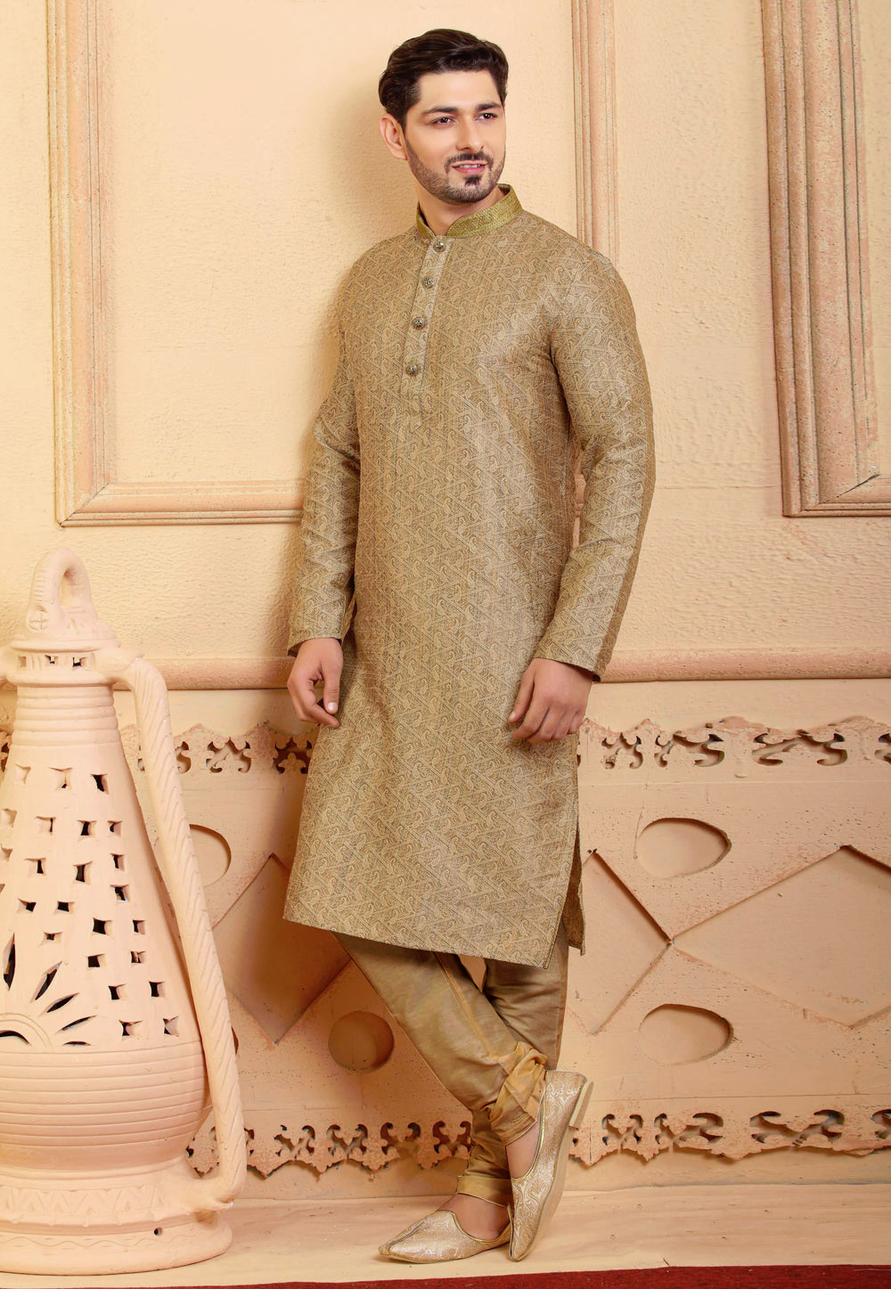 Golden Jacquard Kurta Pajama 236760