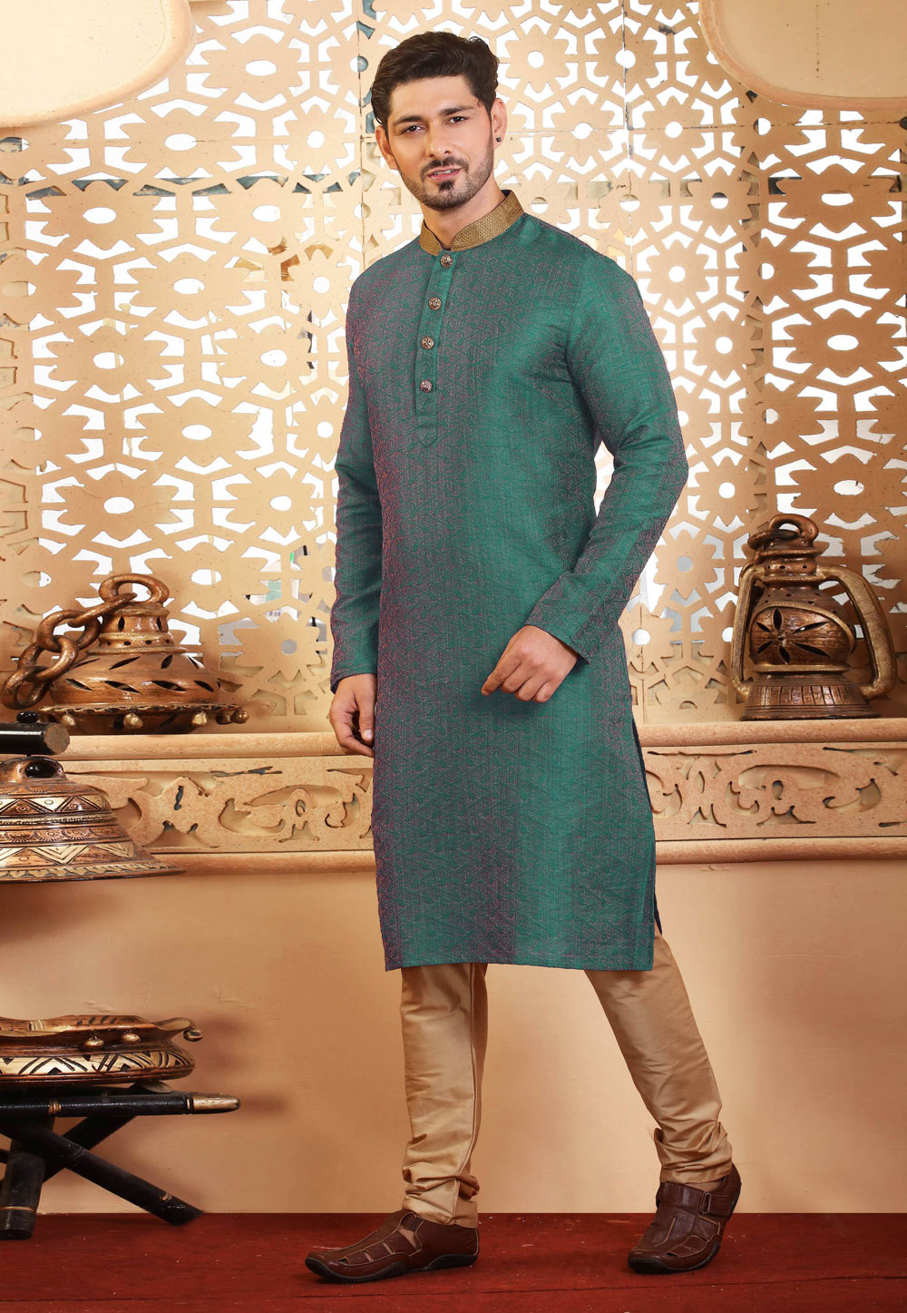 Turquoise Jacquard Kurta Pajama 236761