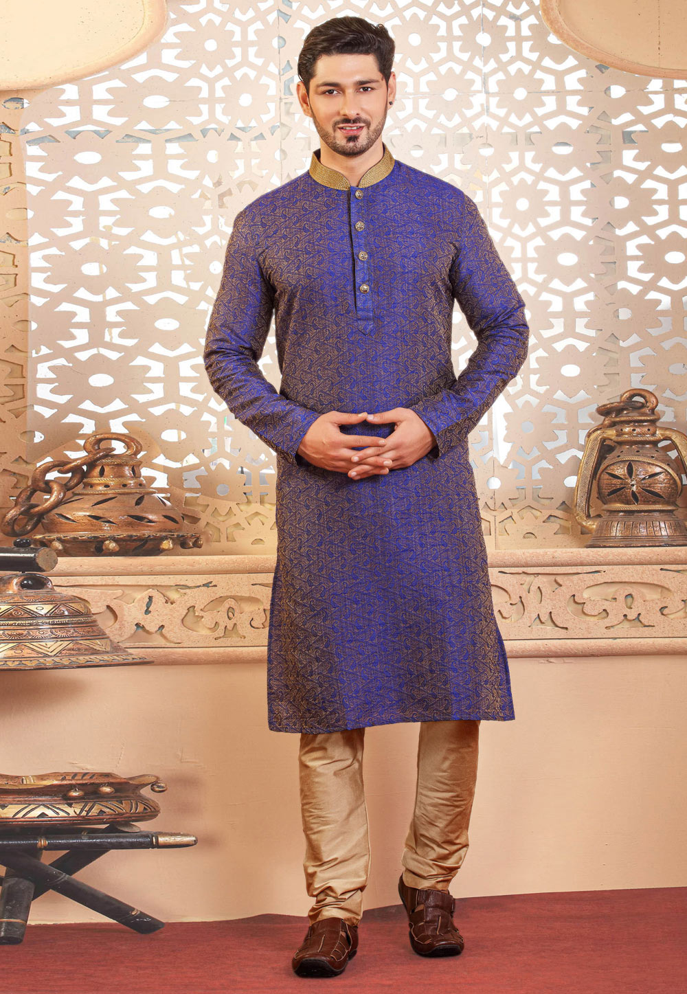 Blue Jacquard Kurta Pajama 236762