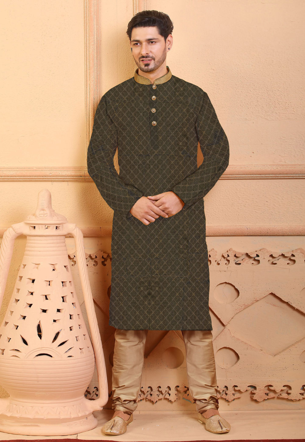 Dark Green Jacquard Kurta Pajama 236763