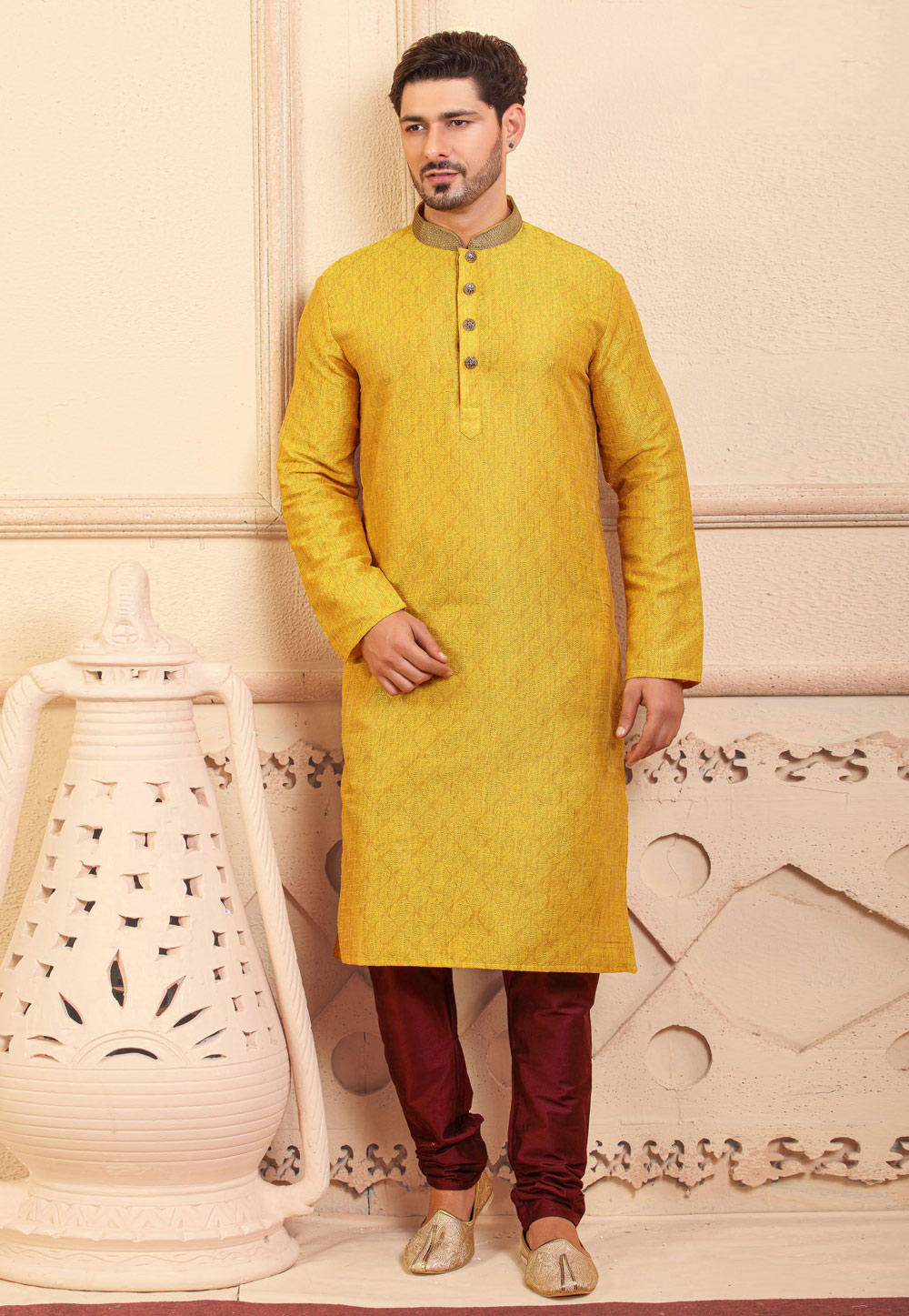 Yellow Jacquard Kurta Pajama 236764