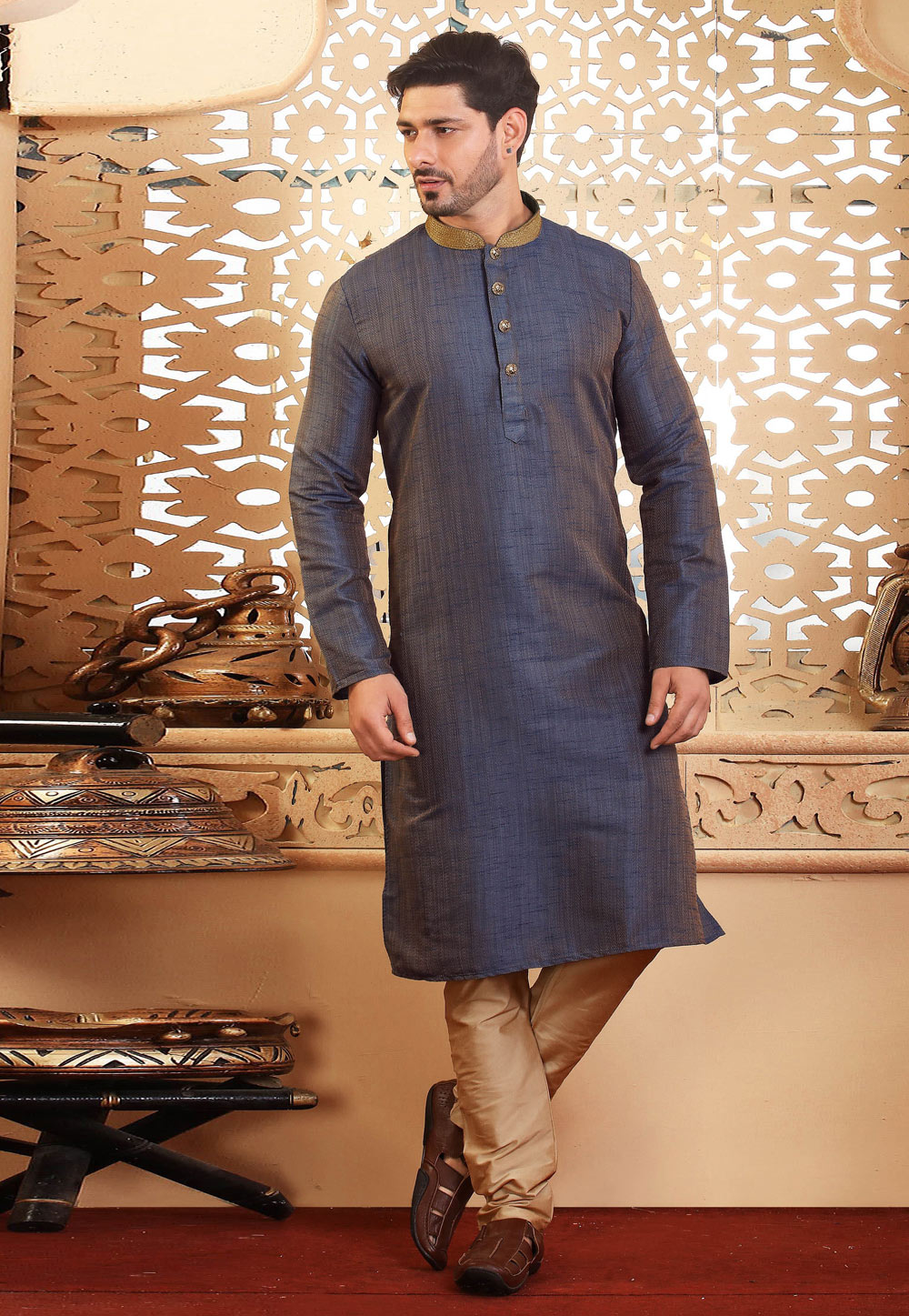Navy Blue Jacquard Kurta Pajama 236765
